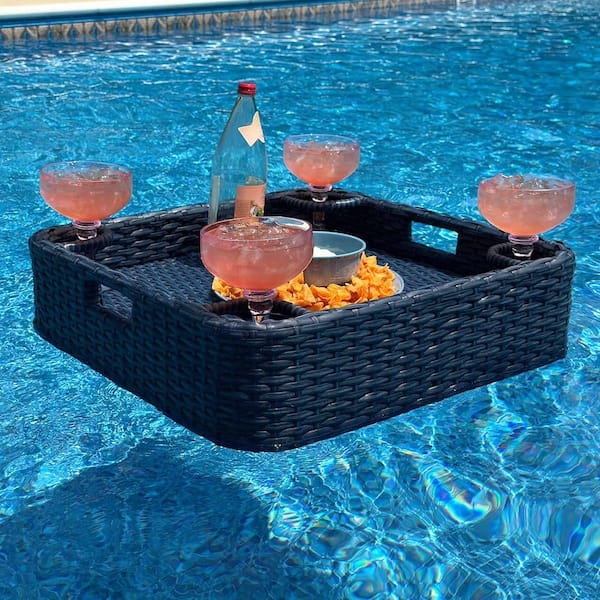 Floating Tray Navy Woven Basket Four Beverage Slots