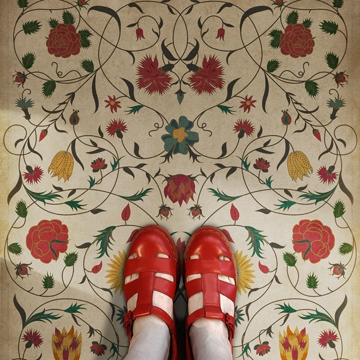 Floor Cloth in Symmetrical Botanical Vintage Floral Style