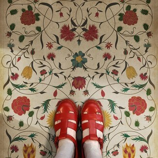 Floor Cloth in Symmetrical Botanical Vintage Floral Style