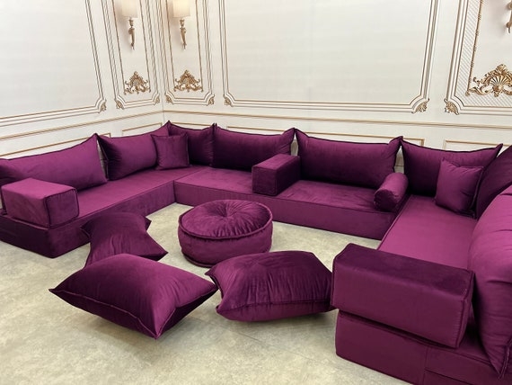 Floor Sofa - U Shaped Layout in Deep Purple Velvet