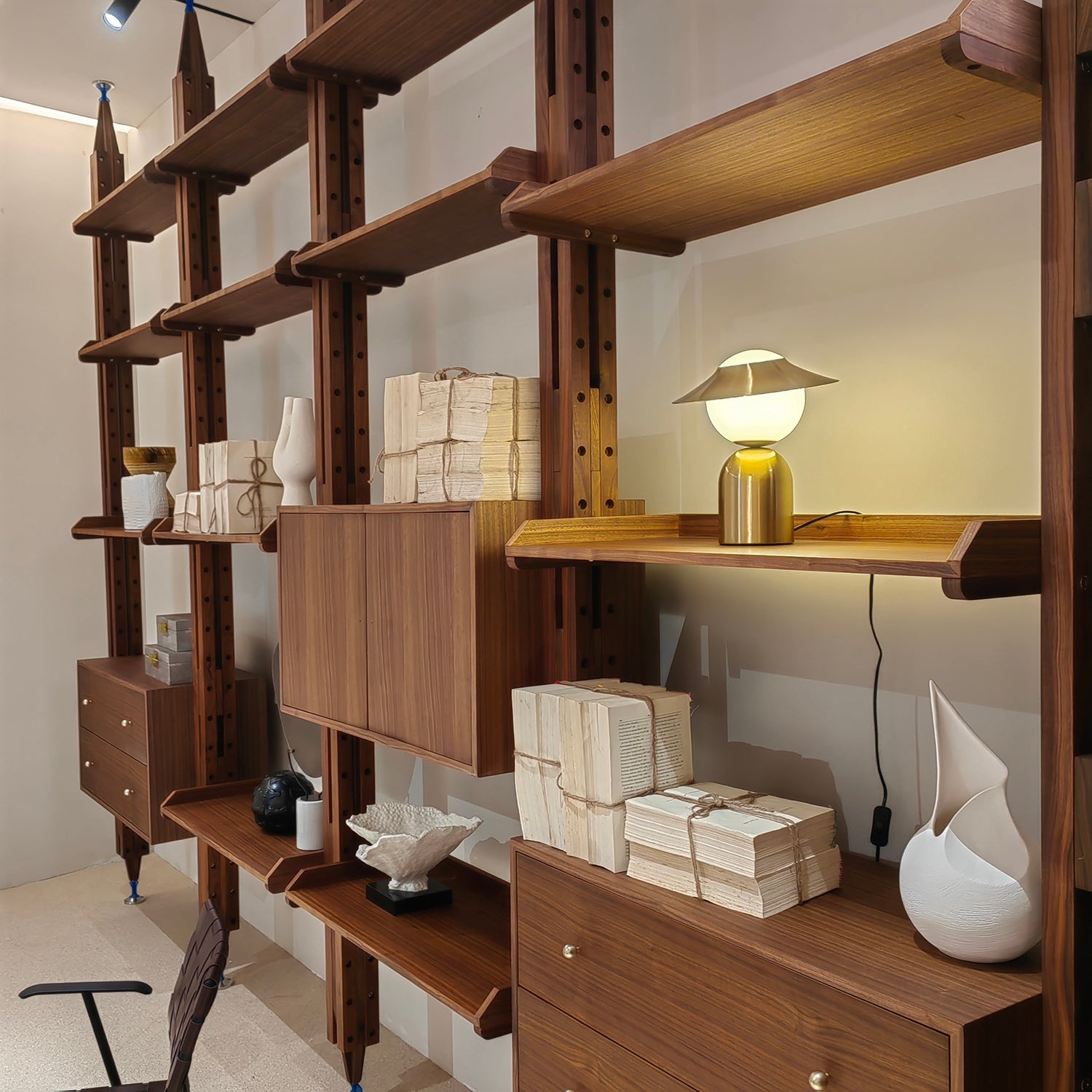 Floor To Ceiling Bookcase with Walnut Toned Wood Support