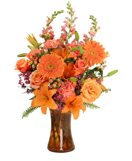 Floral Arrangement featuring Amber Glass Vase and Sunset Palette
