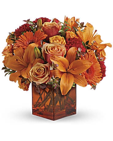 Floral Arrangement with Amber Glass Cube and Assorted Blooms