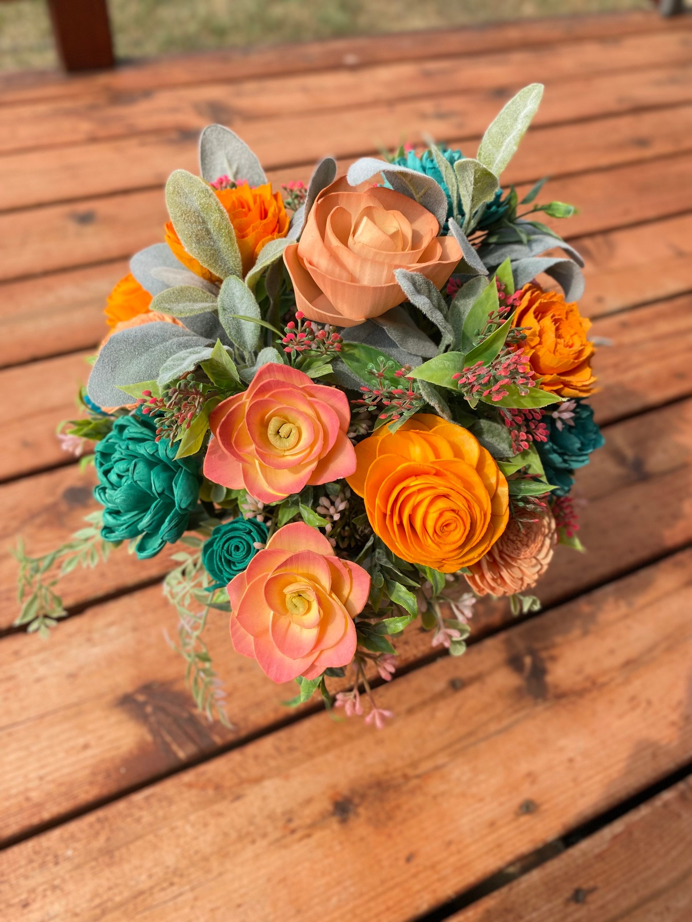 Flower Arrangement with Teal Wood Petals and Boho Sola Gift