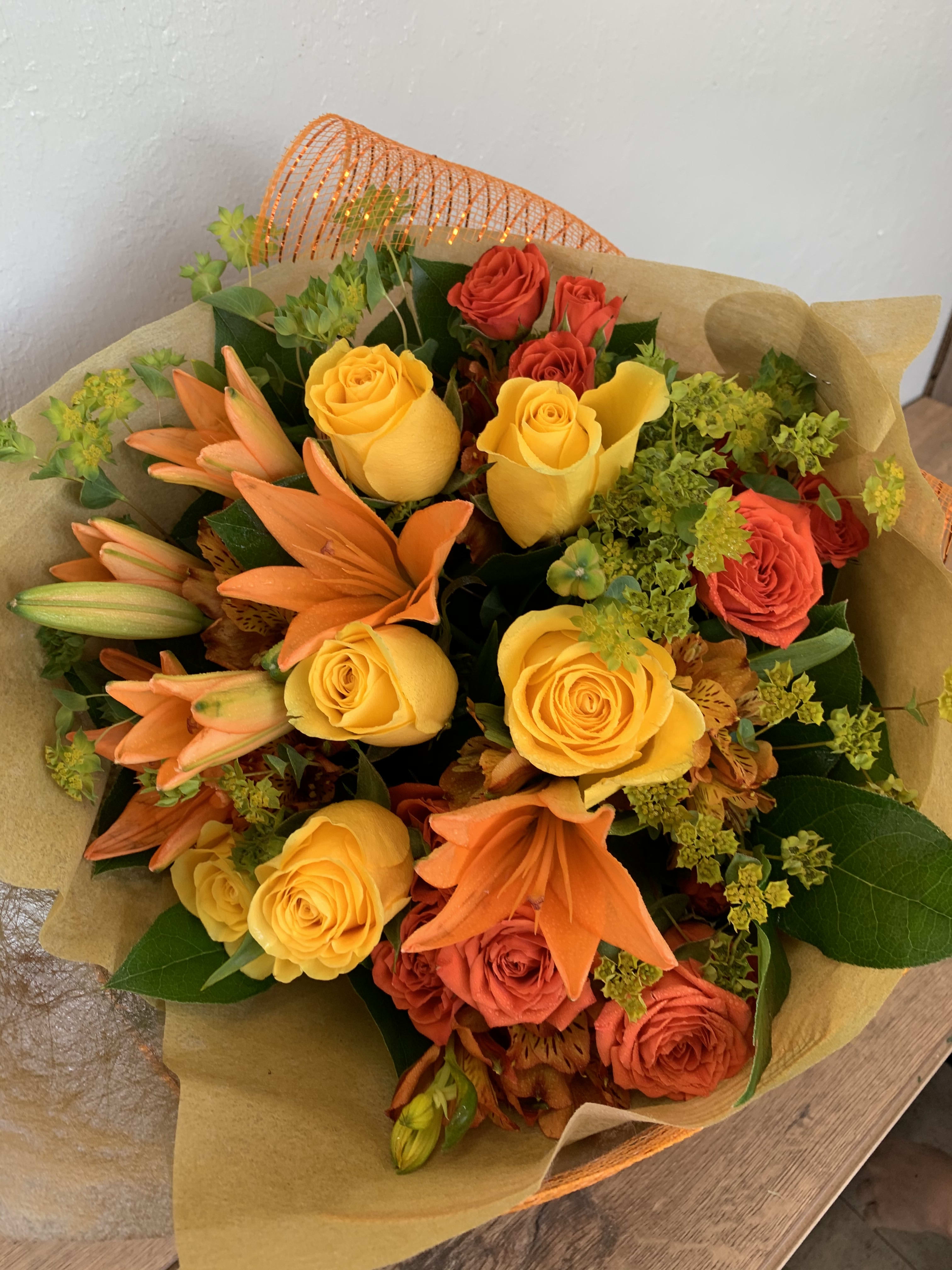 Flower Bouquet in Dual Layer Wrap with Lilies and Roses