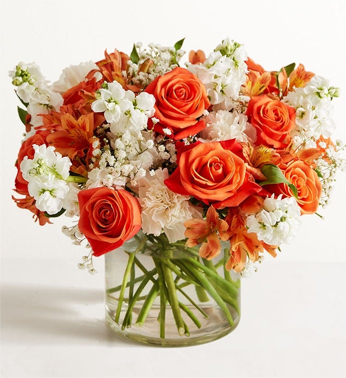 Flower Bouquet in Glass Cylinder Vase with Baby Breath