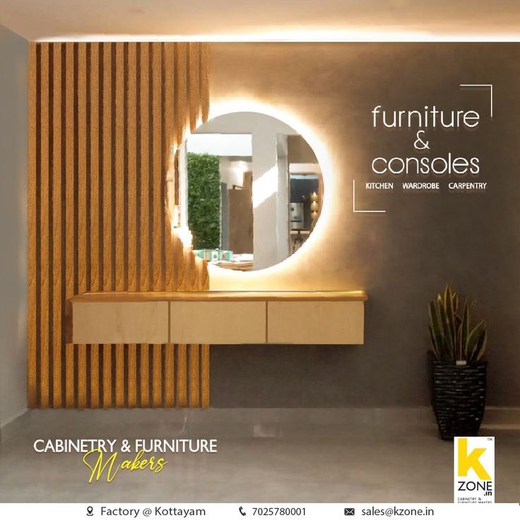 Foyer Unit with Backlit Round Mirror and White Ash Wood Panel