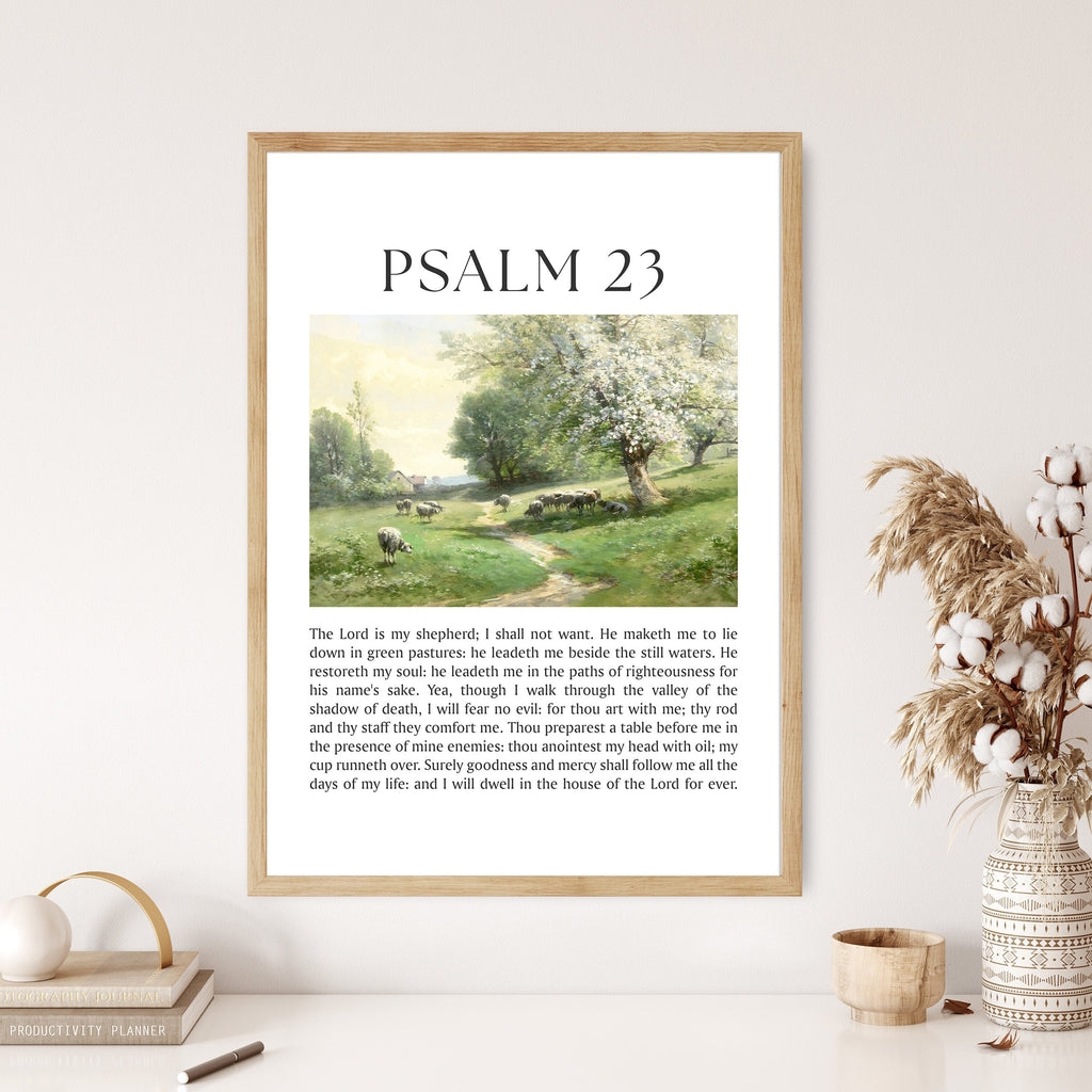 Framed Poster Light Wood Frame Landscape Illustration Psalm 23