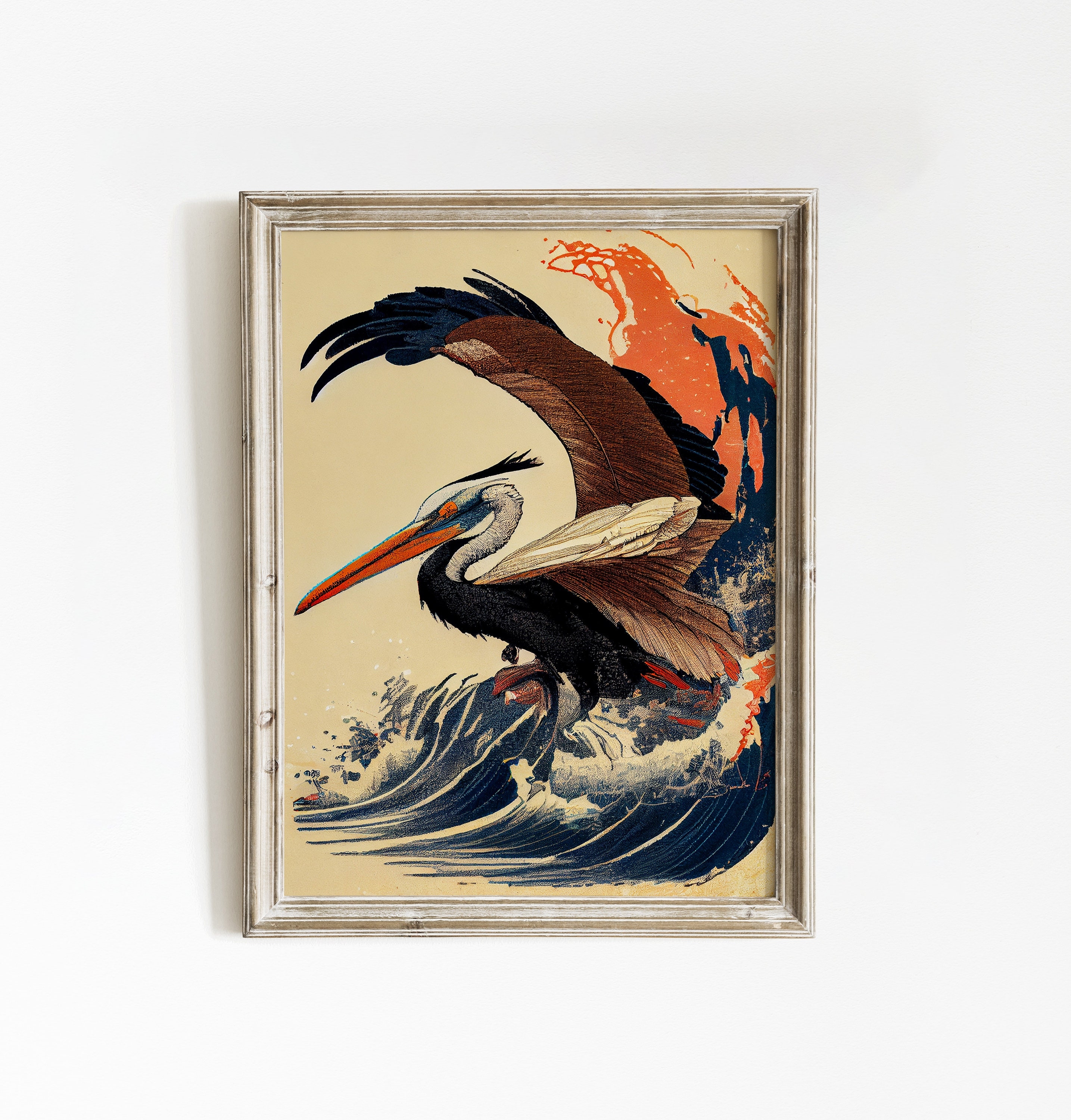 Framed Wall Art Crashing Waves Ukiyo-e Japanese Pelican Art