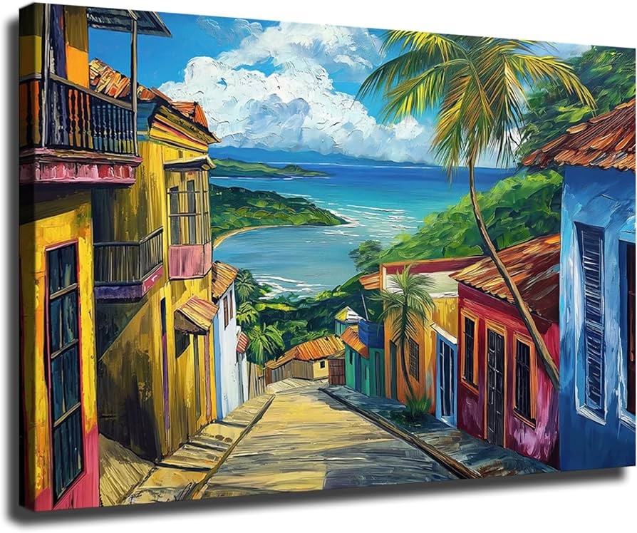 Framed Wall Art Impasto Texture Caribbean Street Scene
