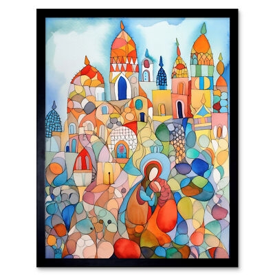 Framed Wall Art: Stained Glass Effect Folk Art Cityscape