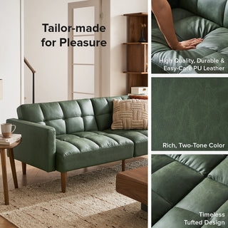 Futon Sofa Bed Sage Green Tufted Grid Tapered Wood Legs