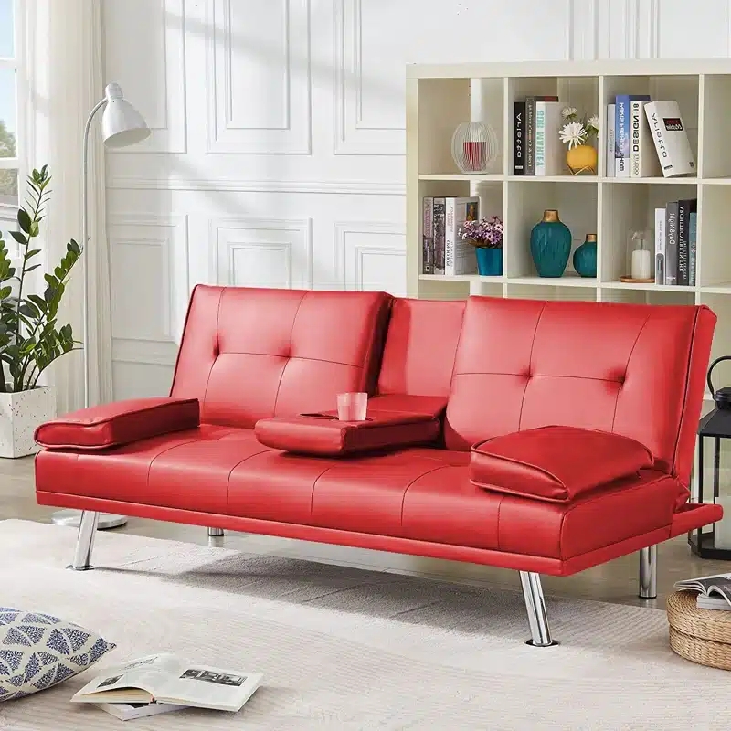 Futon Sofa with Fold Down Console for Modern Red Futon