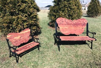 Garden Bench: Matching Set Wood Toned Engraved Motifs