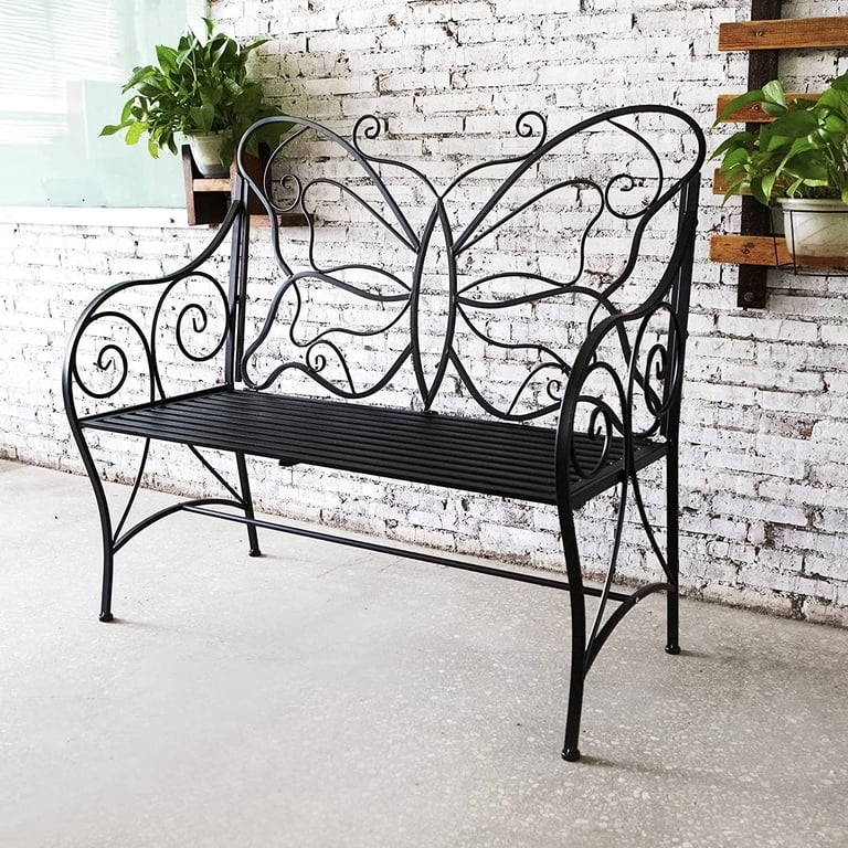 Garden Bench: Matte Black Metal Butterfly Wing Backrest