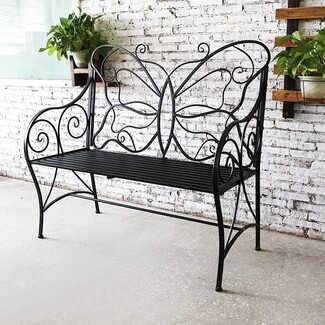 Garden Bench: Matte Black Metal Butterfly Wing Backrest