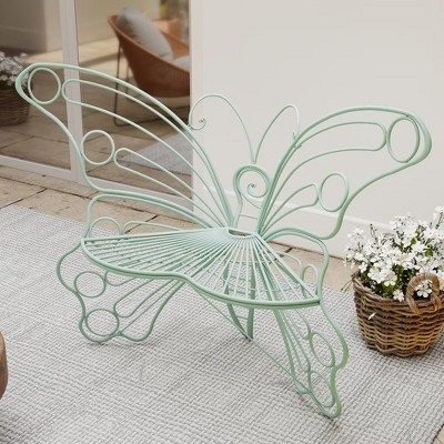 Garden Bench: Mint Green Iron Frame with Butterfly Motif