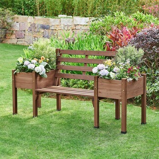 Garden Bench Planter with Slat Back and Wooden Garden Bench Seating