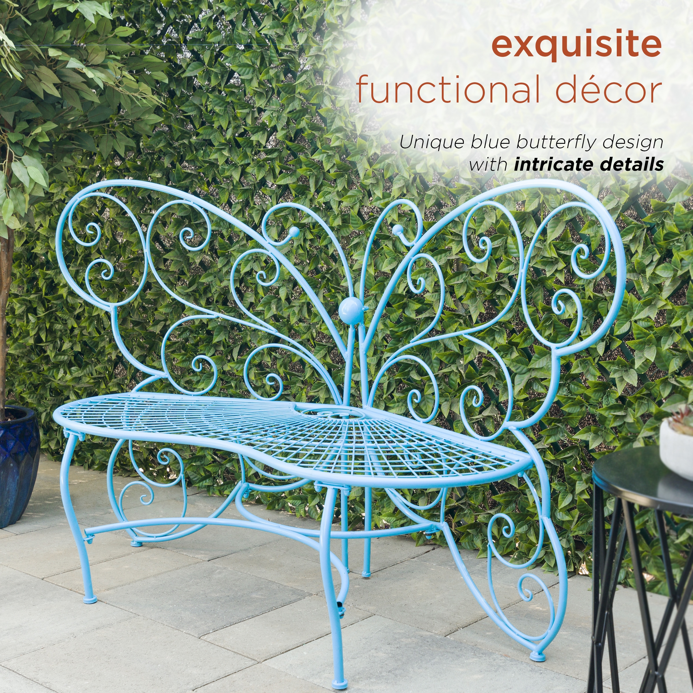 Garden Bench: Sky Blue Metal Scrollwork Details Seat