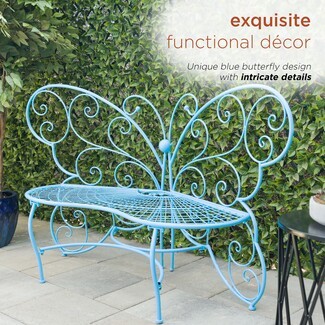 Garden Bench: Sky Blue Metal Scrollwork Details Seat