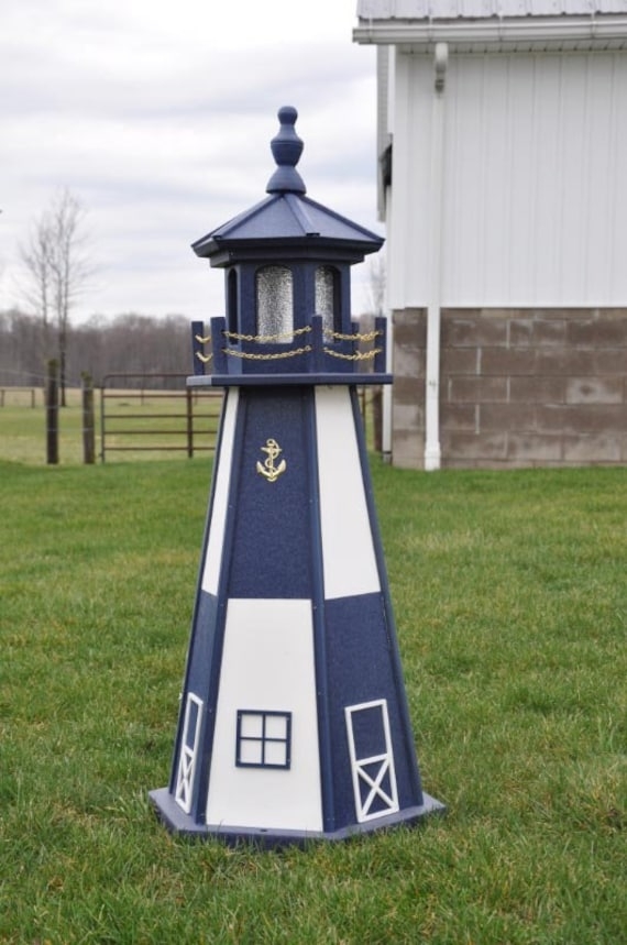 Garden Lighthouse with Gold Anchor Emblem and Navy Blue Yard Decor