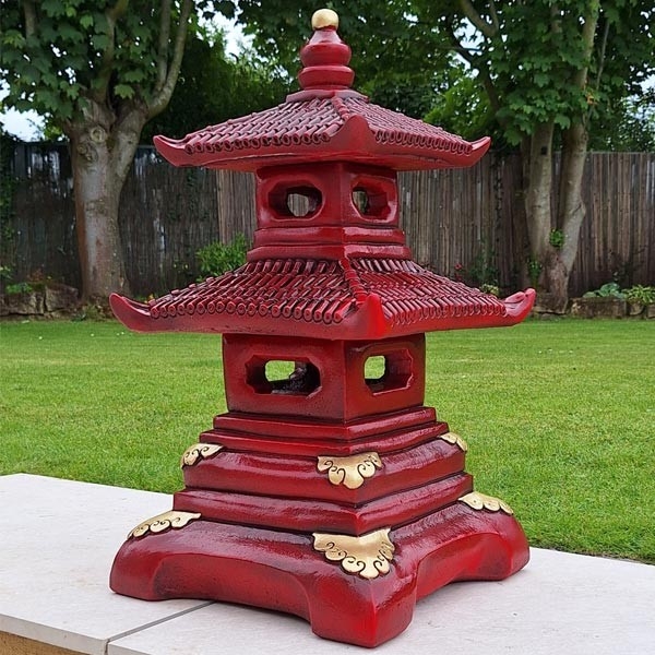 Garden Pagoda Deep Red Finish Gold Ornate Sculpture