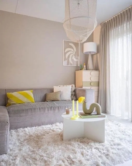 Grey Sofa: Soft Tone Shaggy White Rug Yellow Accents