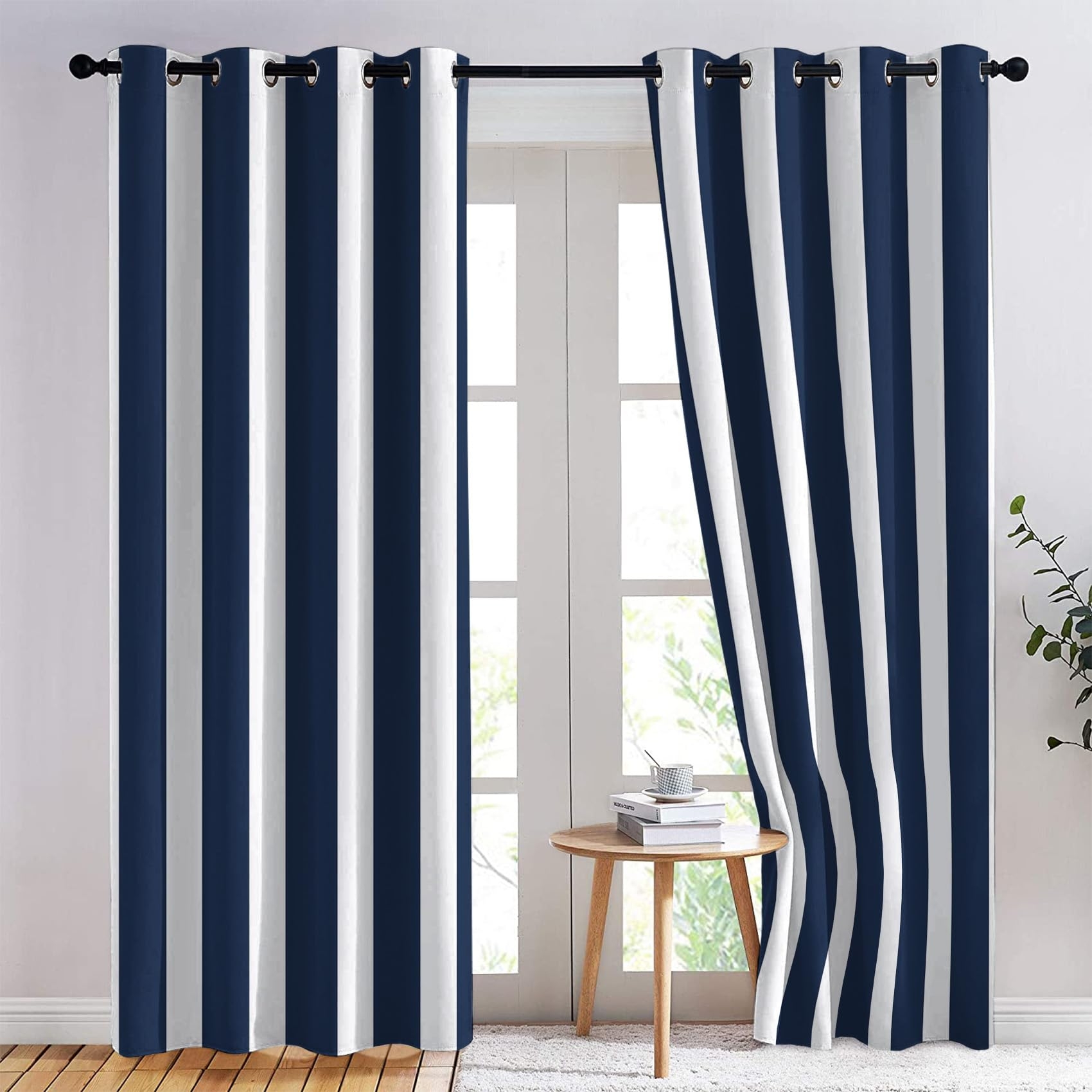 Grommet Curtains: Blue and White Vertical Stripes, Coastal Drapes