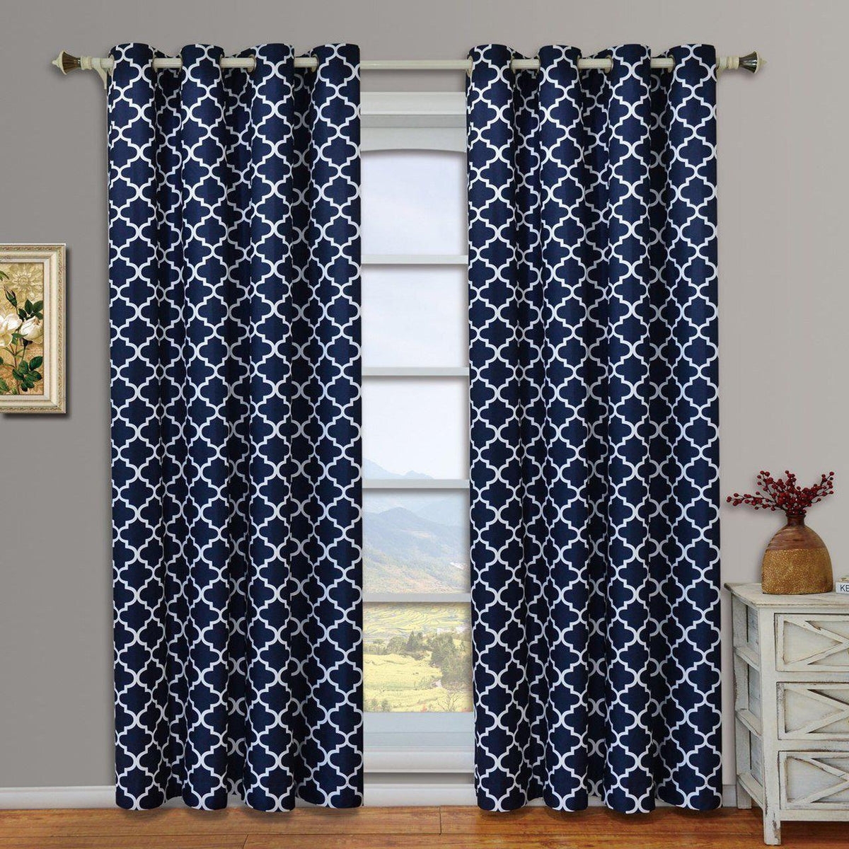 Grommet Curtains: Navy Quatrefoil Patterns, Room Darkening Drapes