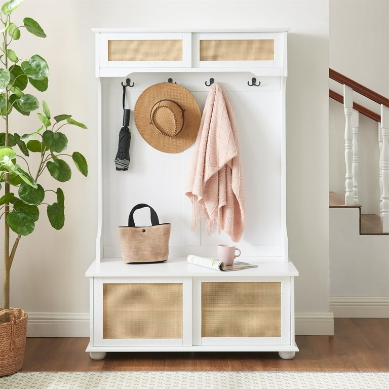 Hall Tree: Rattan Door Panels Entryway Storage Cabinet