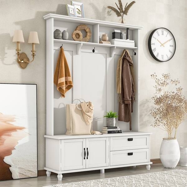 Hall Tree: White Bun Feet Shaker Style Mudroom Cabinet