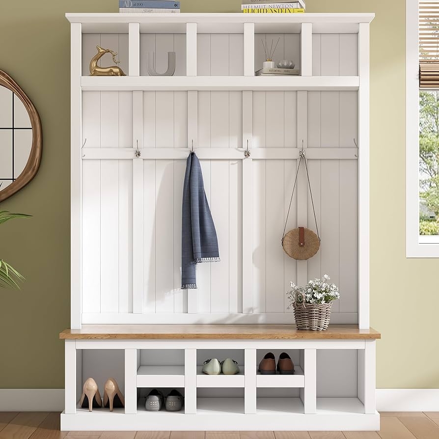 Hall Tree: Wide Storage Profile Farmhouse Bench With Cubbies