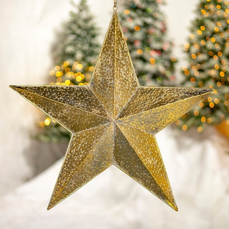 Hanging Star Decoration Embossed Pattern Faceted Gold Star