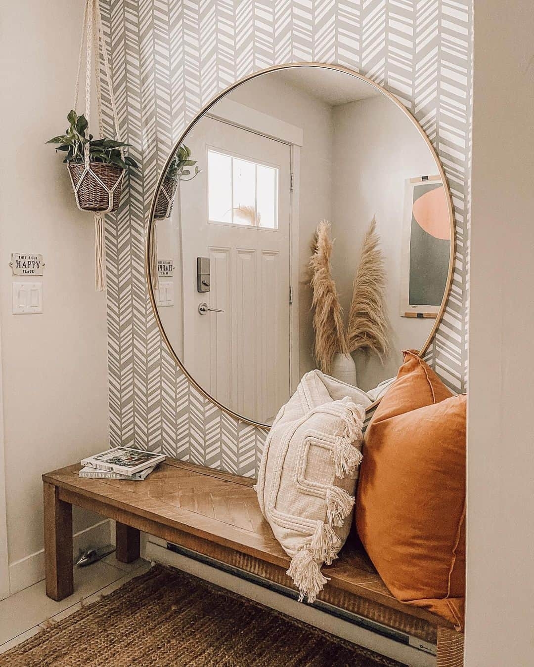 Herringbone Bench Top with Terracotta Accent Pillows