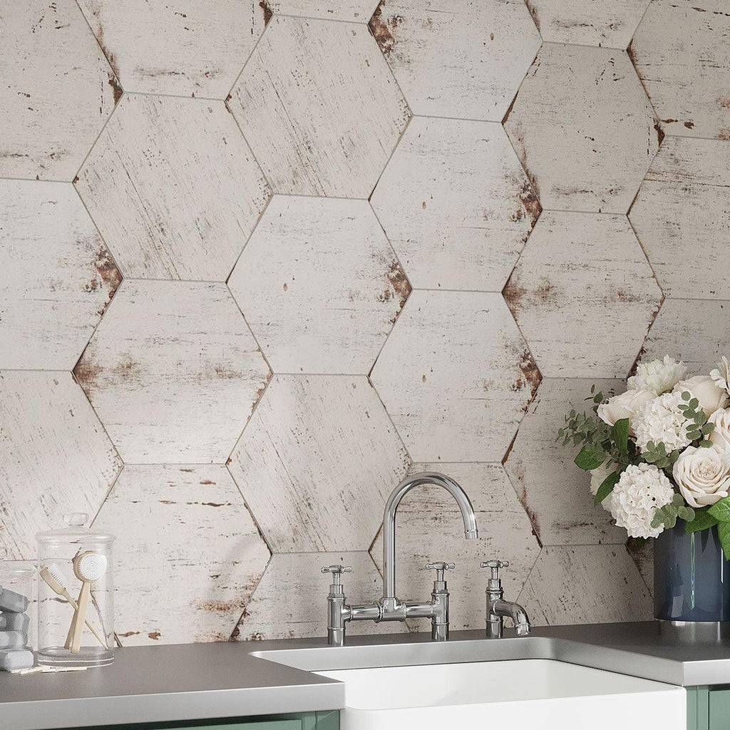 Hexagon Tile: Distressed Whitewash and Rustic Edges Design