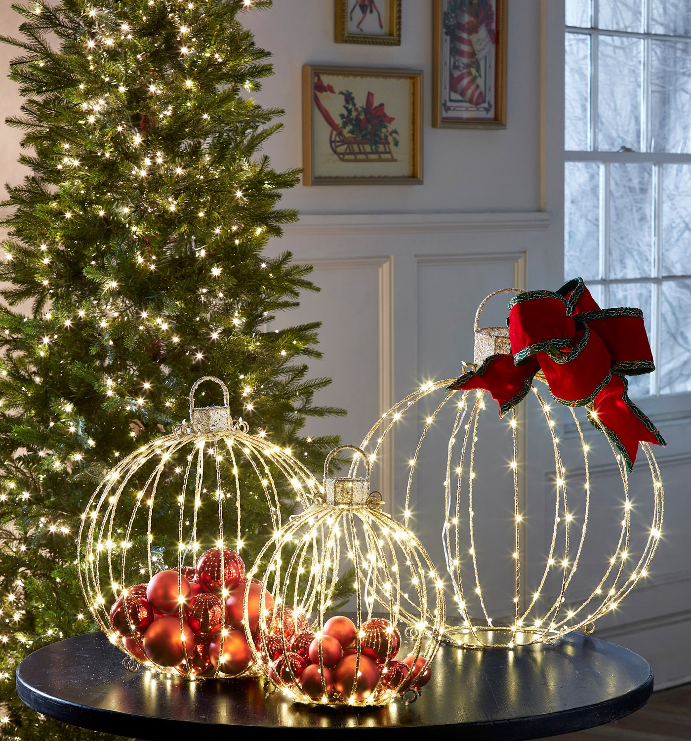 Holiday Decor Wire Frame LED Lights Ornament Filled Globe