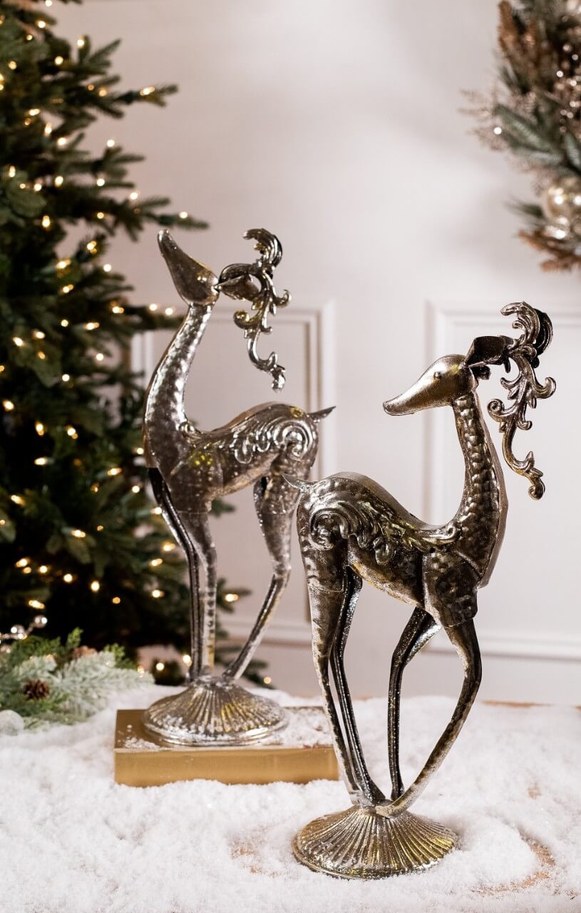 Holiday Figurine Scrolled Antlers Antique Silver Reindeer