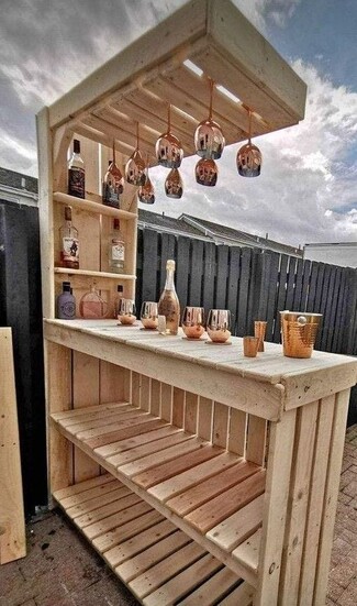Home Bar with Integrated Stemware Rack and Pallet Slats