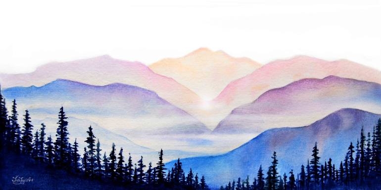 Horizontal Wall Art Layered Peaks Panoramic Mountain Watercolor