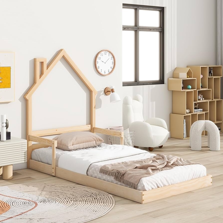 House Bed Frame With Low To Ground Profile and Pine Wood Build