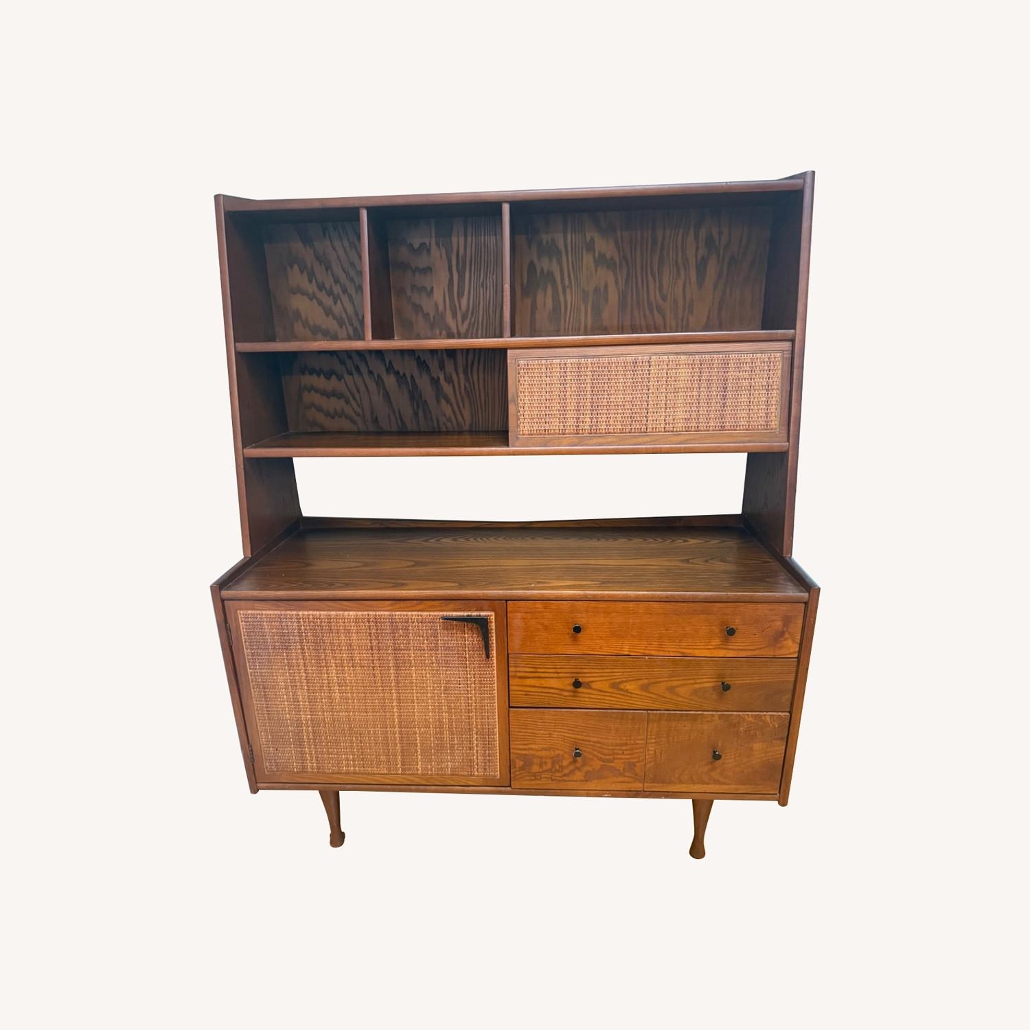 Hutch | Asymmetrical Shelving | Walnut Cane Hutch Cabinet