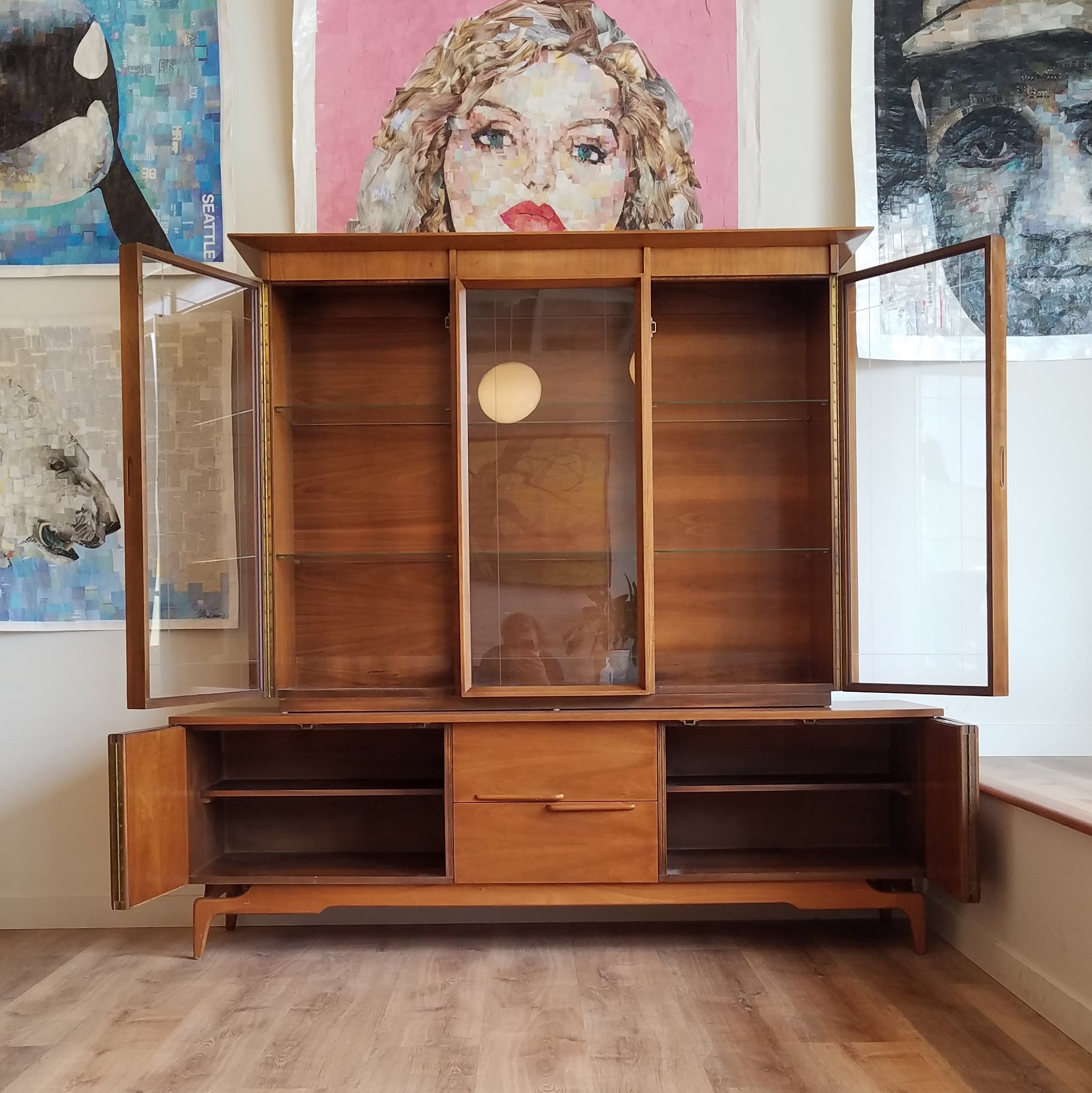 Hutch Cabinet | Stretcher Base Wood | Mid Century Display Cabinet