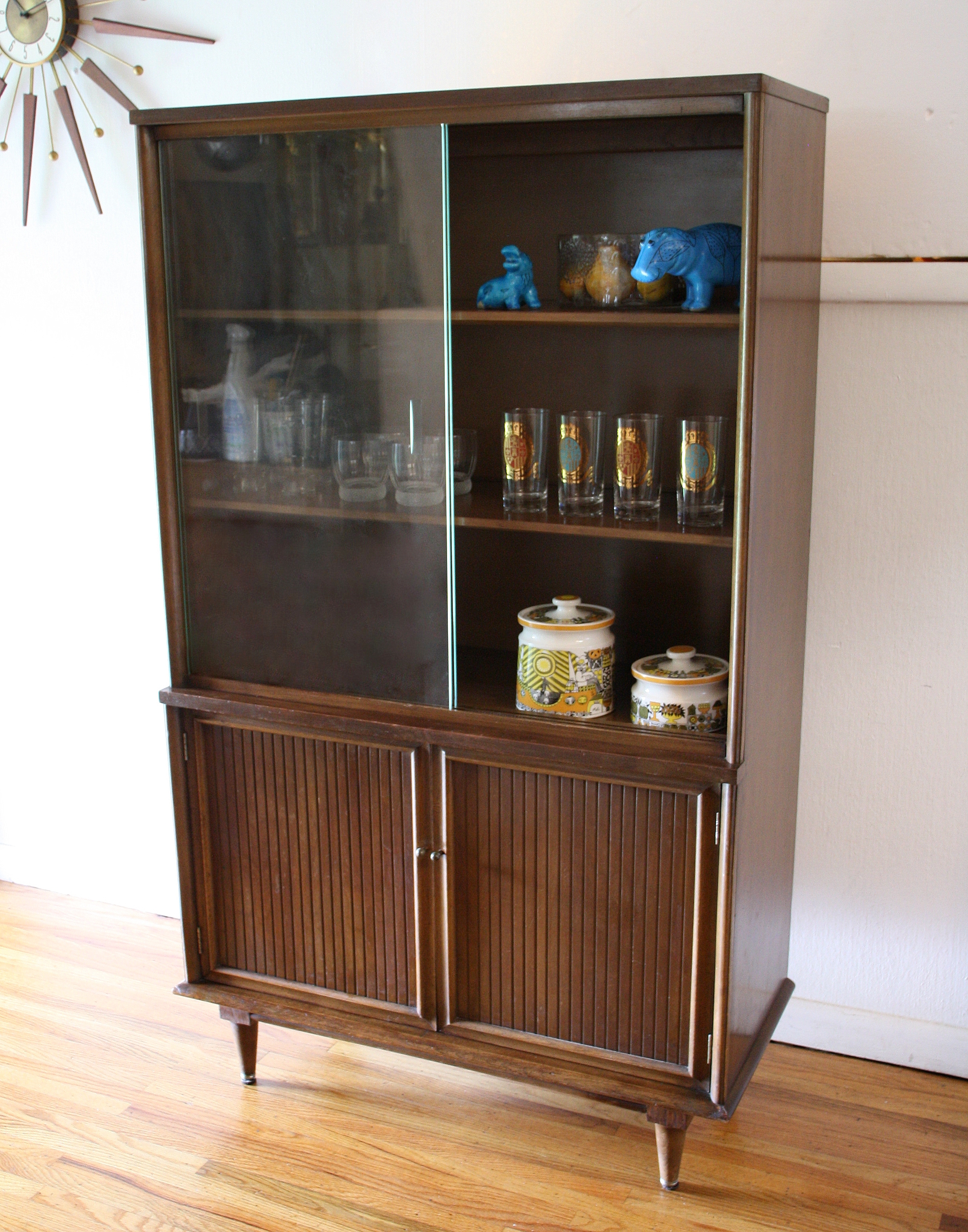 Hutch Cabinet | Vertical Slatted Doors | Retro Walnut Storage