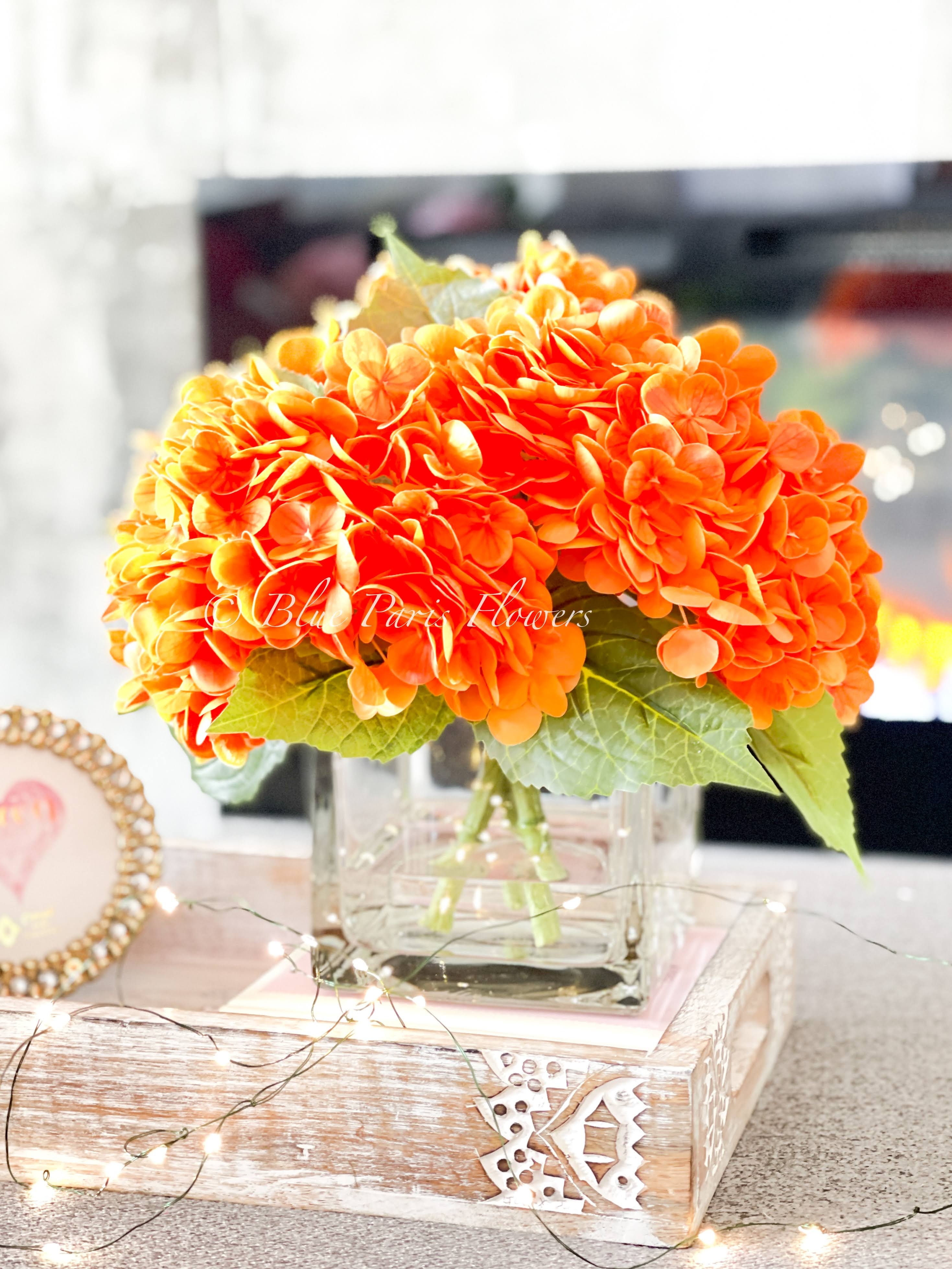 Hydrangea Arrangement with Fairy Lights and Tangerine Blooms