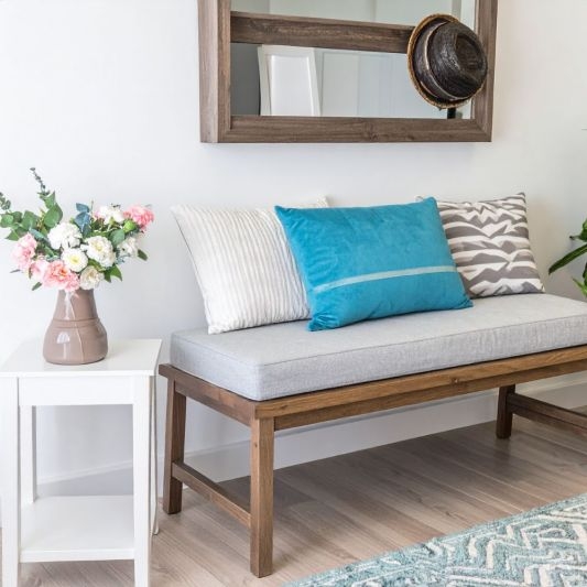 Indoor Bench with Box Edge Cushion and Walnut Brown Frame