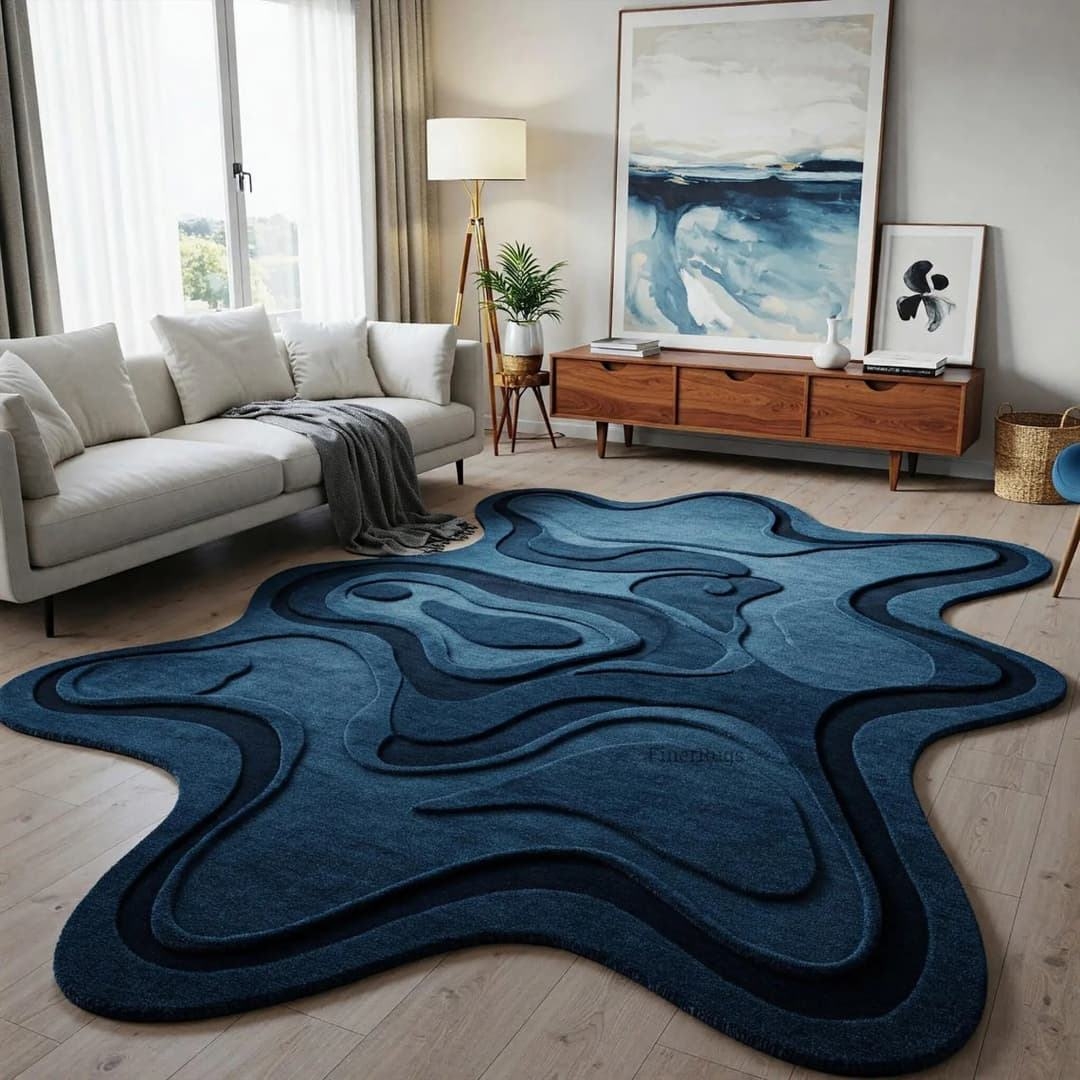 Irregular Area Rug 3D Sculpted Topographic Gradient Blue