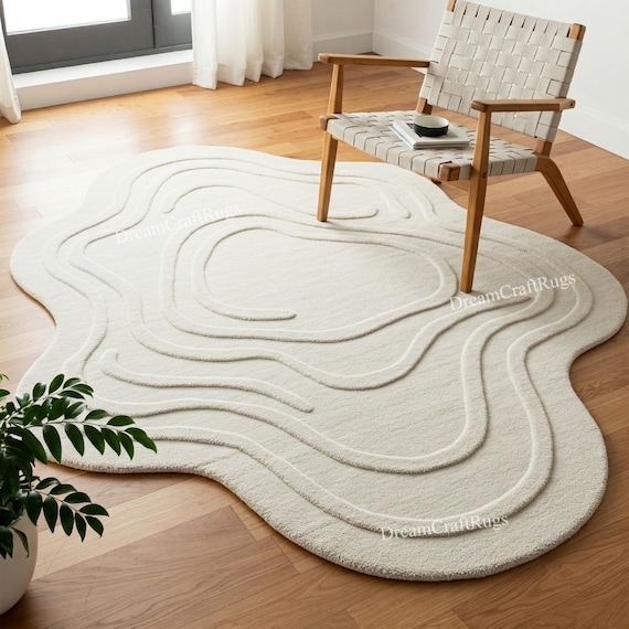Irregular Area Rug Carved Topography Organic Shaped White