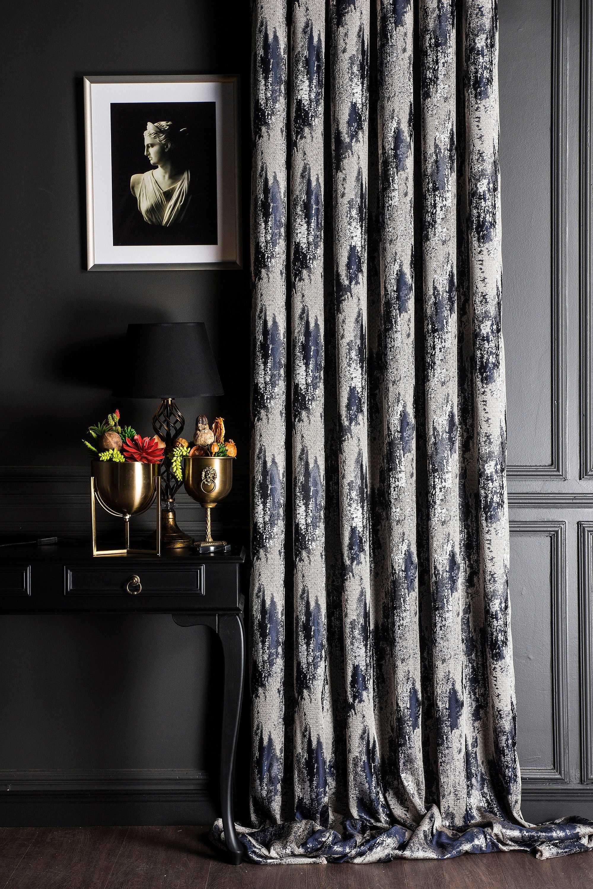 Jacquard Curtain: Blue and Silver Weaves with Puddled Hem Style