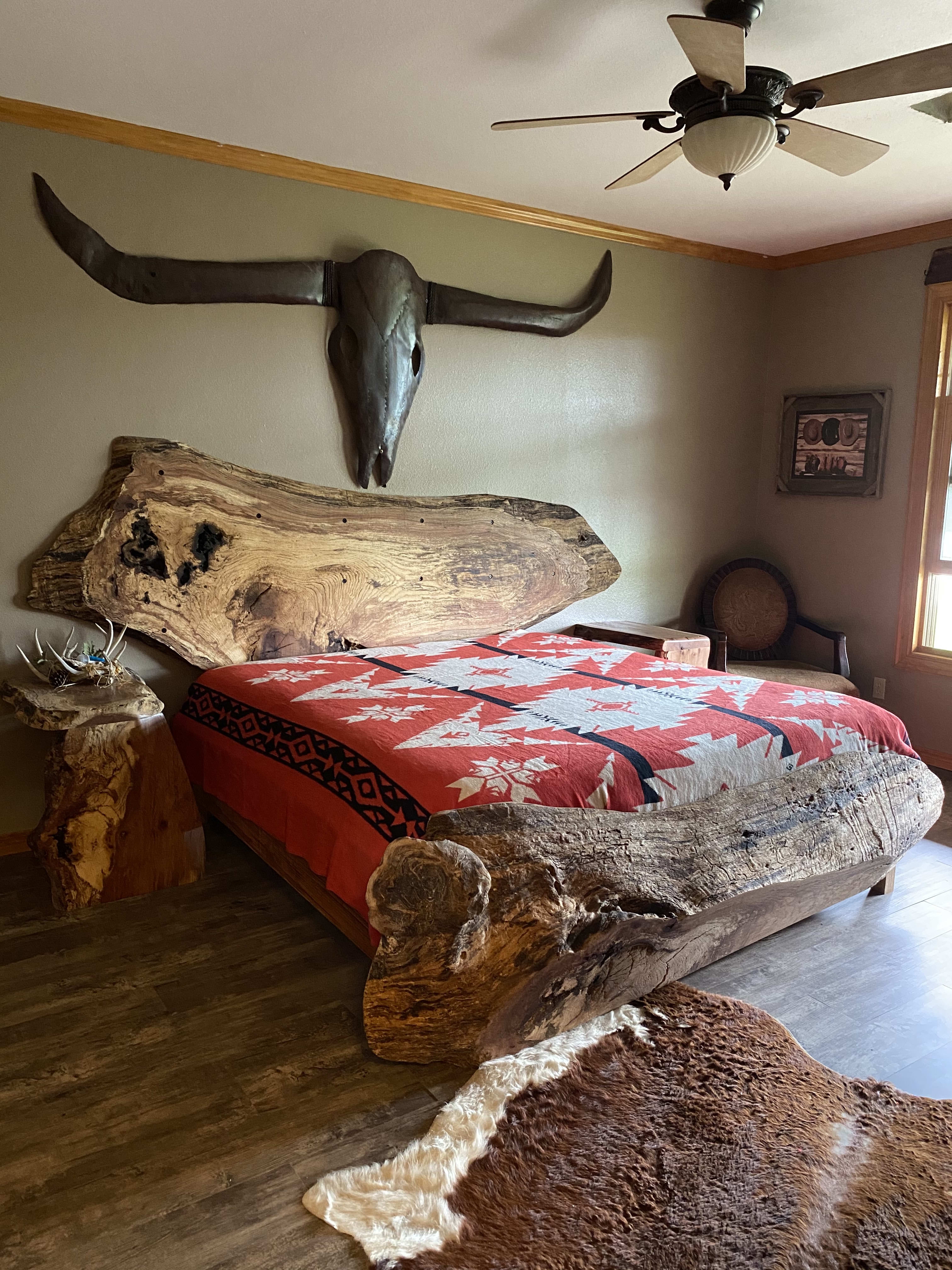 King Bed with Longhorn Wall Mount and Live Edge Red Oak