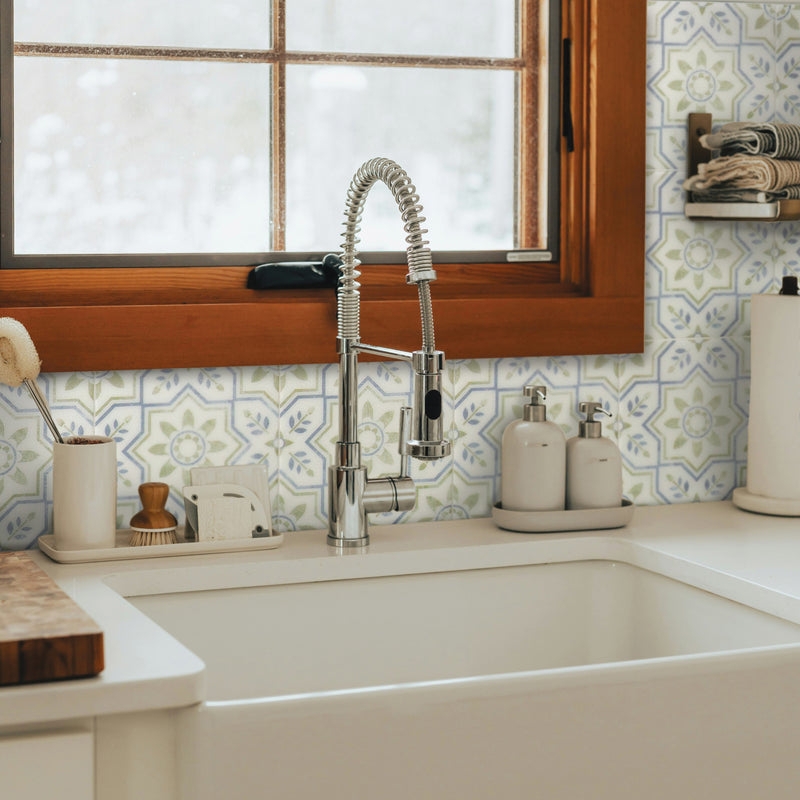 Kitchen Backsplash: Floral Geometric Pattern in Dusty Blue